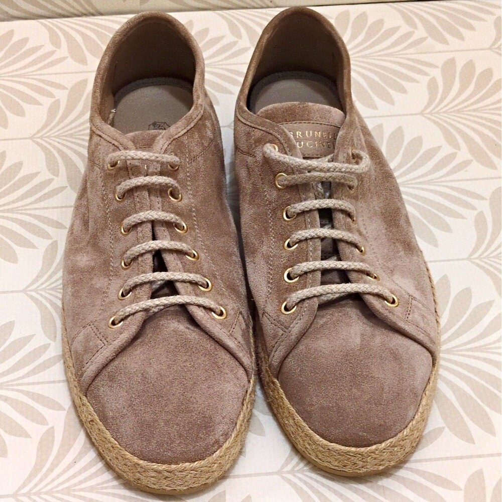 Brunello Cucinelli Men's Taupe Suede Lace-Up Jute Trim Sneakers US 11 EU 44